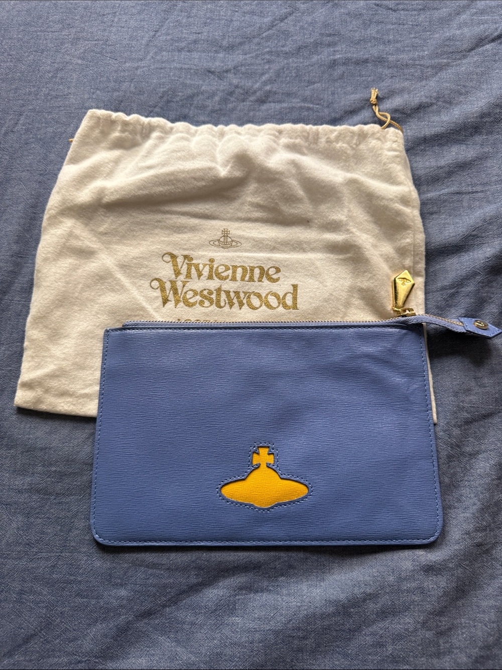 Vivienne Westwood Blue Leather Zip Pouch with Yellow Orb Detail